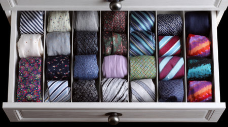 Discover a beautifully organized drawer filled with a variety of ties, showcasing unique patterns and colors, perfect for any fashion-forward individual seeking inspiration.の素材