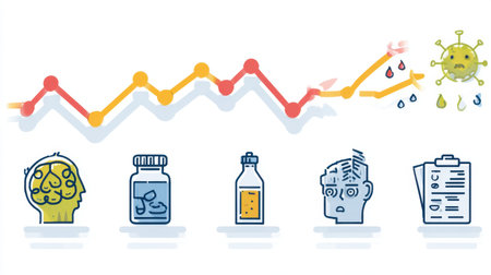 This graphic illustrates mental health trends alongside pharmaceutical impacts during a health crisis, featuring a line graph and various health-related icons.の素材