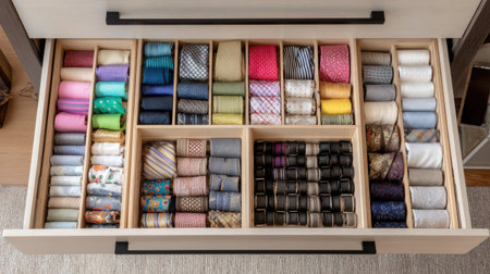 A neatly organized drawer showcases a variety of colorful spools and bobbins, providing essential threads and fabrics for sewing projects. Ideal for creative inspiration and efficient crafting.の素材