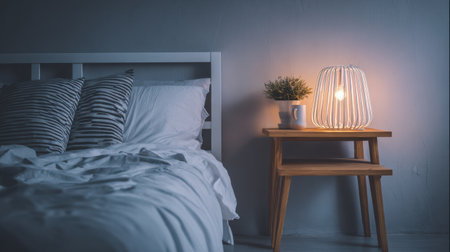 A beautifully arranged bedroom featuring a stylish bed with striped pillows, a modern lamp, and a potted plant, creating a warm and inviting atmosphere perfect for relaxation.の素材
