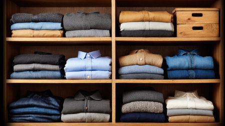 This image depicts a neatly organized wardrobe with various folded clothes in different colors and fabrics, perfect for showcasing home decor aesthetics and clothing organization ideas.の素材