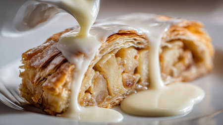 Enjoy a delicious apple strudel drizzled with creamy sauce, showcasing golden flaky layers. Ideal for dessert lovers seeking sweet indulgence and delightful flavors.の素材