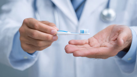 A dentist holds a toothbrush in one hand and demonstrates brushing techniques in a clinical setting, focusing on the importance of maintaining oral hygiene and healthy teeth.の素材