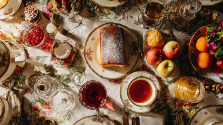 A beautifully arranged table filled with an array of pastries, refreshing drinks, and fresh fruits, perfect for gatherings, celebrations, and moments of joy shared among friends and family.の素材