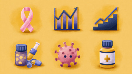 Colorful illustration highlighting health themes such as cancer awareness, medical research, and virus representation, perfect for healthcare-related projects and educational materials.の素材