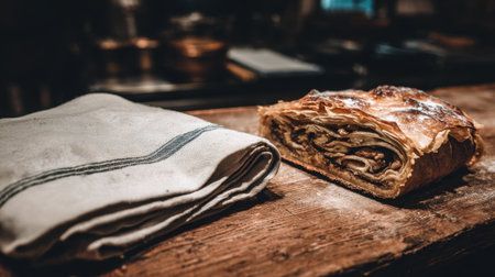 A beautifully displayed slice of freshly baked pastry rests on a rustic wooden surface next to a soft cloth napkin, offering a cozy ambiance perfect for culinary delights.の素材