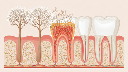 An informative illustration showcasing the anatomy of tooth, highlighting the root, nerves, and supporting tissue. Ideal for educational materials in dentistry.の素材