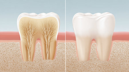 This detailed illustration showcases the anatomy of a tooth, including its inner structures like pulp and nerves, essential for educational and medical understanding.の素材