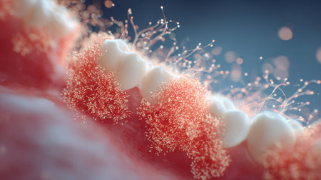 This detailed close-up image captures vibrant microbial life with intricate structures and soft lighting, perfect for scientific exploration and illustration.の素材