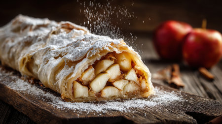Indulge in this beautiful apple strudel, dusted with powdered sugar, featuring tender apples and warm cinnamon, a perfect treat for cozy gatherings or special occasions.の素材