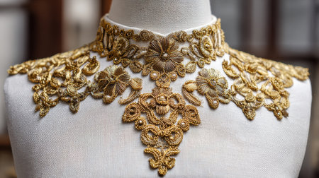 Stunning image of a gold embroidery collar on a dress form, capturing intricate details that highlight craftsmanship, elegance, and uniqueness, perfect for fashion and textile enthusiasts.の素材