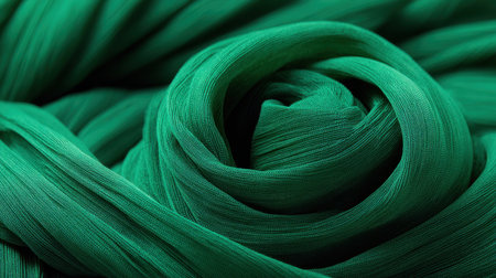 This close-up image showcases a twisting formation of vibrant green fabric, emphasizing its soft texture and rich color, perfect for design and fashion inspiration.の素材