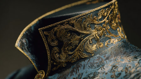 A stunning close-up of a vintage coat collar featuring intricate gold embroidery against a rich fabric, showcasing impeccable craftsmanship and timeless elegance in fashion design.の素材