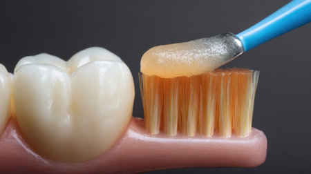 A detailed close-up image showcases a toothbrush applying toothpaste on a realistic dental model, emphasizing the importance of daily oral hygiene practices for maintaining healthy teeth.の素材