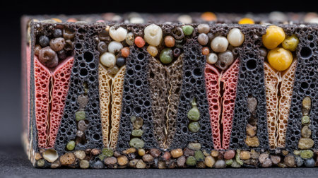 This captivating close-up image features a unique composition of porous textures and colorful details, showcasing abstract patterns inspired by natural elements.の素材