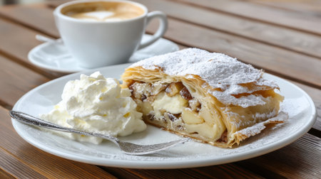 Delectable pastry dessert served with fluffy whipped cream and a steaming cup of coffee. Perfect for a cozy setting, inviting indulgence and comfort.の素材
