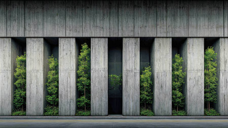 A striking blend of concrete architecture and lush greenery showcases the harmony between nature and urban design, highlighting modern aesthetic and ecological balance in a metropolitan setting.の素材