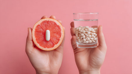 A visually appealing image of hands holding half a grapefruit with a white capsule and a glass of water filled with pills, emphasizing choices in health and nutrition against a vibrant pink backdrop.の素材
