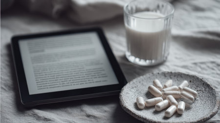 A tranquil scene featuring a tablet for reading, a glass of milk, and capsules on a textured surface, emphasizing health, wellness, and self-care in a sleek, modern lifestyle.の素材