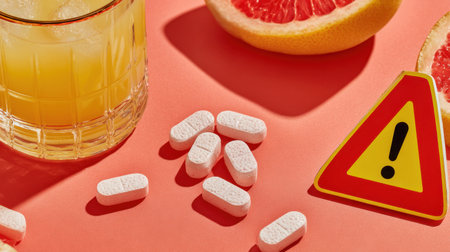 Vibrant flat lay featuring fresh grapefruit slices, a refreshing juice drink, scattered white tablets, and a caution sign, highlighting health and safety themes.の素材