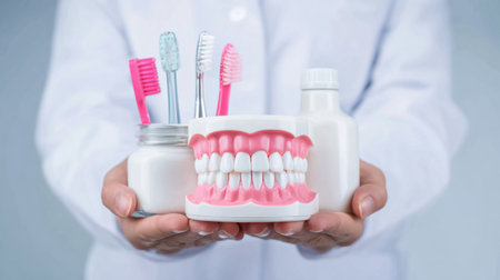 A person in a white coat holds dental tools and a tooth model, emphasizing the importance of oral hygiene and proper dental care routines for a healthier smile.の素材