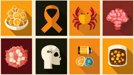 A visually engaging collage featuring a variety of health-related symbols, including images of brain, cancer awareness, and nutrition, perfect for educational or promotional uses.の素材