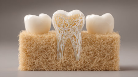 Unique artistic representation of a tooth model on a natural sponge, illustrating the importance of dental health, hygiene, and creative innovation in oral care practices.の素材