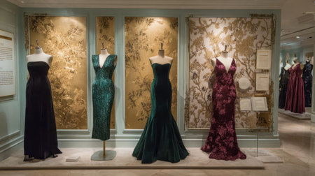 A captivating display of exquisite evening gowns in a luxurious boutique, highlighting stunning designs and intricate fabrics perfect for formal events and special occasions.の素材
