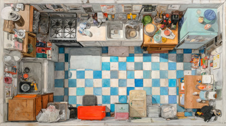 This top-down image captures a vibrant kitchen scene filled with everyday items, colorful tiles, and a warm atmosphere, perfect for evoking feelings of home and cooking.の素材
