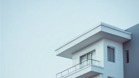 A stunning representation of modern architecture featuring a minimalist residential building with a flat roof, large windows, and a clear sky backdrop, perfect for design inspiration.の素材