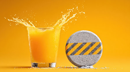 A visually striking composition featuring a splash of orange juice in a glass beside a concrete block with caution stripes, set against a bright yellow background.の素材