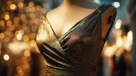 Capture the essence of elegance with this shimmering dress displayed on a mannequin, complemented by a beautifully blurred bokeh background, ideal for fashion showcases.の素材