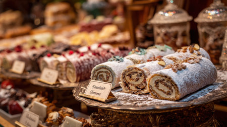 This photo showcases an array of beautifully crafted pastries, adorned with powdered sugar and decorative toppings, perfect for any festive occasion or celebration.の素材