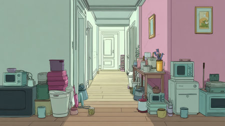 A cluttered hallway features various household items and colorful storage containers, creating an inviting yet chaotic atmosphere in an apartment setting.の素材
