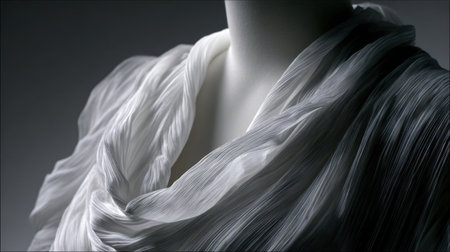 A close-up of a sculptural draped fabric in soft colors, highlighting its intricate texture and flow under gentle lighting, providing a modern artistic aesthetic for fashion themes.の素材