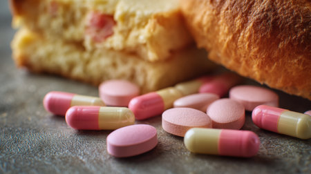 A close-up of colorful pills scattered beside a loaf of bread, emphasizing the intersection of food and medication in our daily routines, health, and nutrition choices.の素材