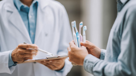 A dentist discusses oral hygiene with a patient, showcasing different toothbrushes to promote better dental care practices and improve teeth health during a dental visit.の素材