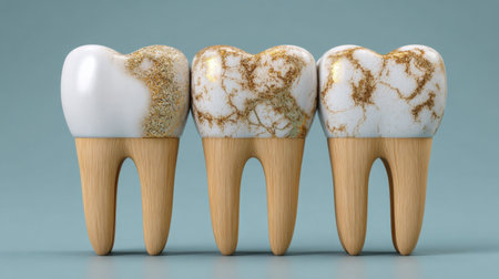 This unique artwork features three stylized teeth with gold marble and glossy finishes, ideal for creative, dental, and health-related projects or marketing materials.の素材