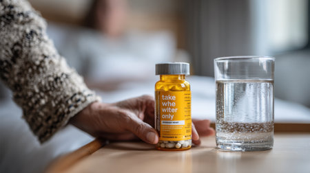 A warm interior scene featuring a hand holding a vitamin bottle beside a clear glass of water, perfect for showcasing health routines in a cozy setting.の素材