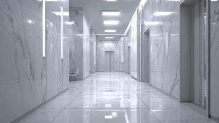 A spacious modern corridor featuring polished marble walls and floors, bright lighting, and elevator access, ideal for showcasing contemporary architectural design elements.の素材