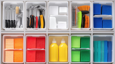 A visually appealing arrangement of tools and cleaning supplies organized in colorful bins, ideal for showcasing efficient storage solutions in any workspace or home environment.の素材
