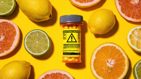 A playful arrangement of fresh citrus fruits surrounding a medication bottle on a bold yellow background, emphasizing health, freshness, and vibrancy in a delightful composition.の素材