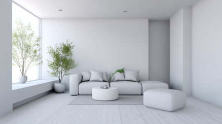 Spacious and inviting minimalist living room showcasing modern furniture, soft neutral colors, and vibrant indoor plants, creating a serene and stylish atmosphere.の素材