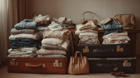 A cozy room filled with neatly folded clothes in various suitcases and stacks on a table, creating an organized space ideal for packing and preparing for travel adventures.の素材