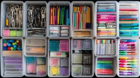 A visually appealing arrangement of various desk supplies stored in clear plastic bins, showcasing a spectrum of colors and tools for organization, creativity, and productivity.の素材
