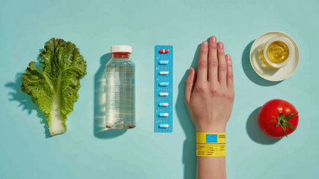 A colorful arrangement showcasing fresh ingredients and medicine, symbolizing a balanced approach to health with vegetables, pills, and hydration on a vibrant background.の素材