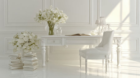 Bright and elegant workspace featuring a white desk and chair, adorned with beautiful floral arrangements and bathed in warm natural light, perfect for creativity and focus.の素材