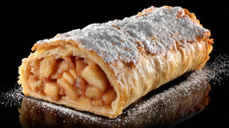 A delectable apple strudel showcasing a golden-brown flaky pastry filled with spiced apples and topped with powdered sugar, ideal for food lovers and photographers.の素材