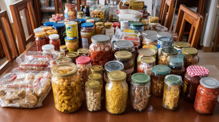 A vibrant collection of jars filled with different ingredients showcases the art of food preservation and the charm of a well-organized kitchen, perfect for culinary creativity.の素材