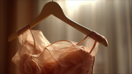 A delicate pink dress hangs gracefully on a wooden hanger, illuminated by soft light, creating an elegant atmosphere ideal for fashion photography and textile showcases.の素材